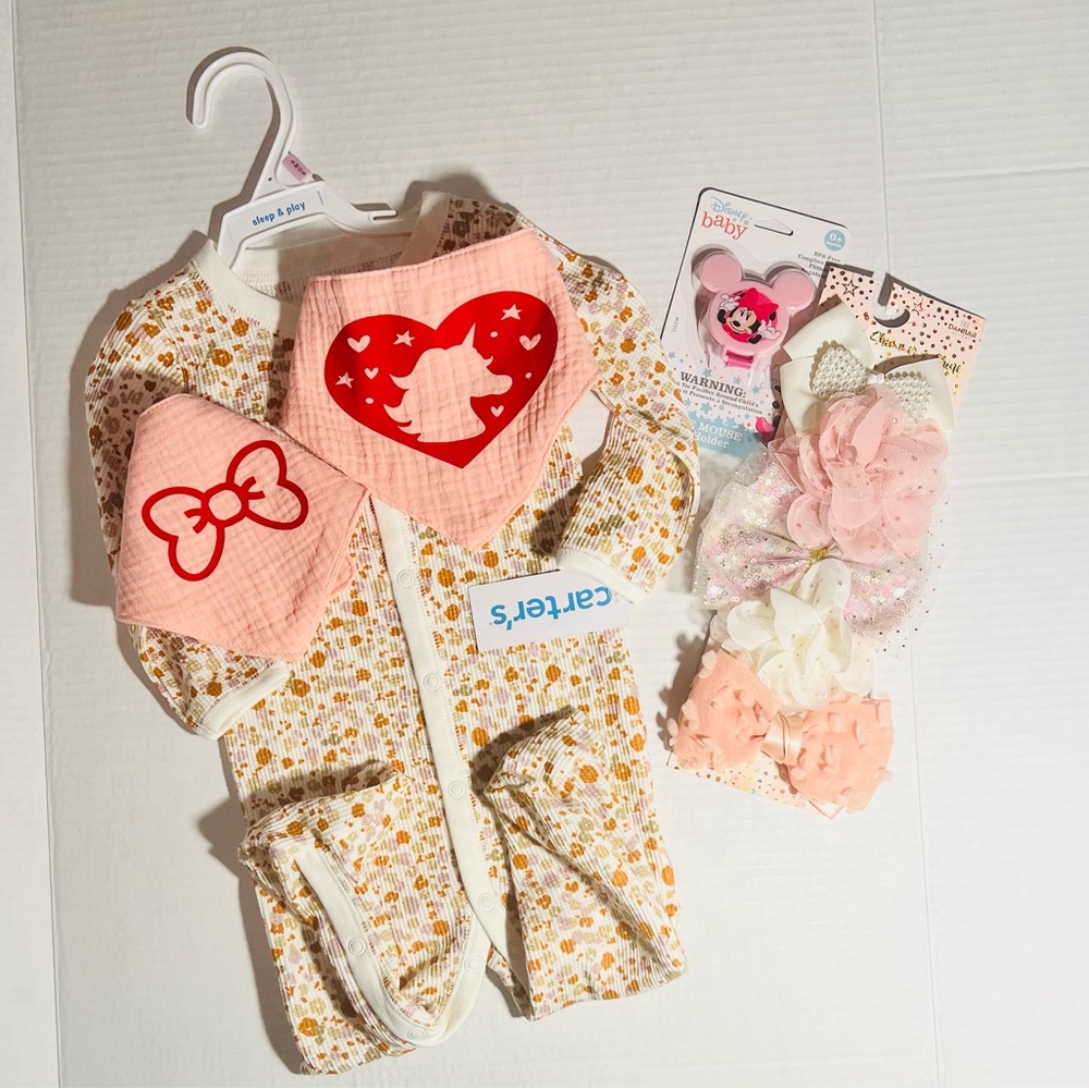 Baby Girl Carter’s Sleep Set: Onesie, Hair Clips, Pacifier Holder, Bibs Gift Set